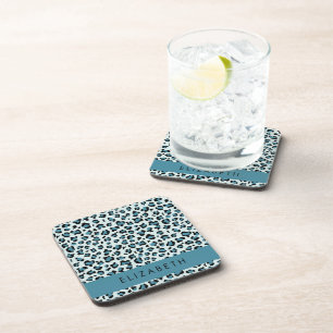 Leopard Print, Spots, Blue Leopard, Your Name Coaster