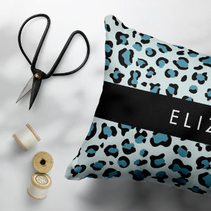 Leopard Print, Spots, Blue Leopard, Your Name Decorative Cushion