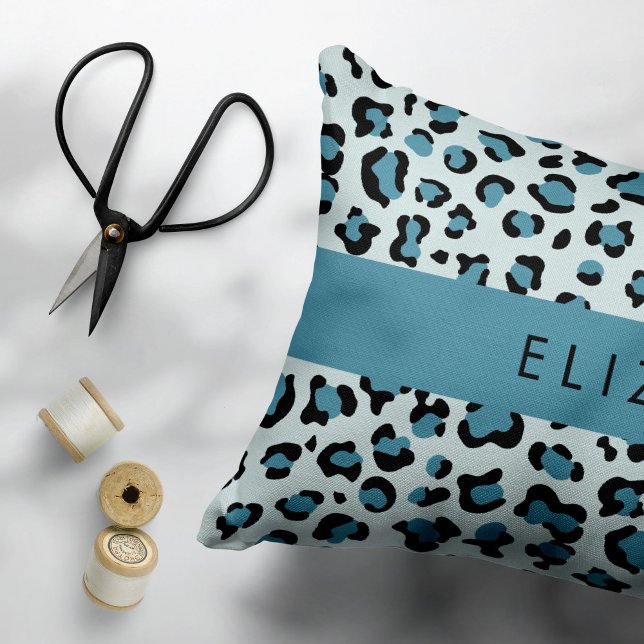 Leopard Print, Spots, Blue Leopard, Your Name Decorative Cushion (Creator Uploaded)