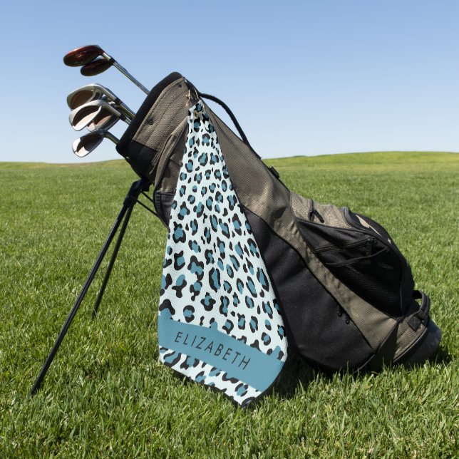 Leopard Print, Spots, Blue Leopard, Your Name Golf Towel (Green)