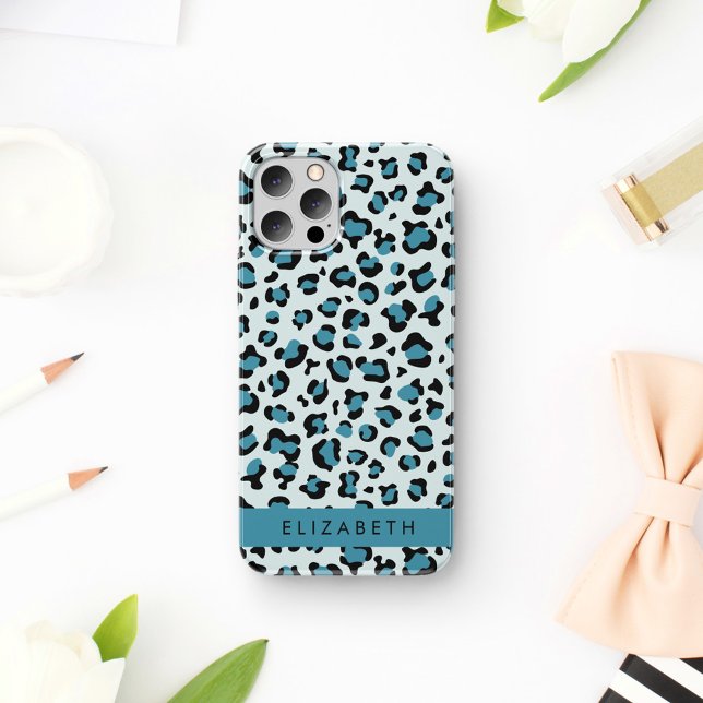 Leopard Print, Spots, Blue Leopard, Your Name iPhone 16 Case (Creator Uploaded)