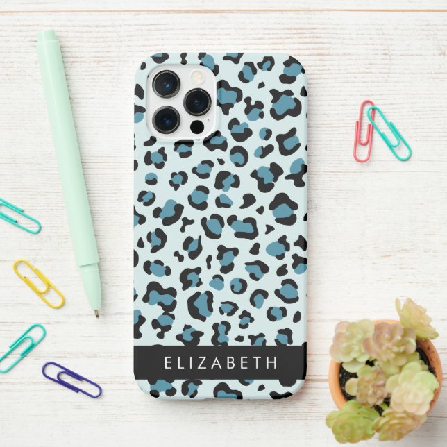 Leopard Print, Spots, Blue Leopard, Your Name iPhone Case (On Desk)