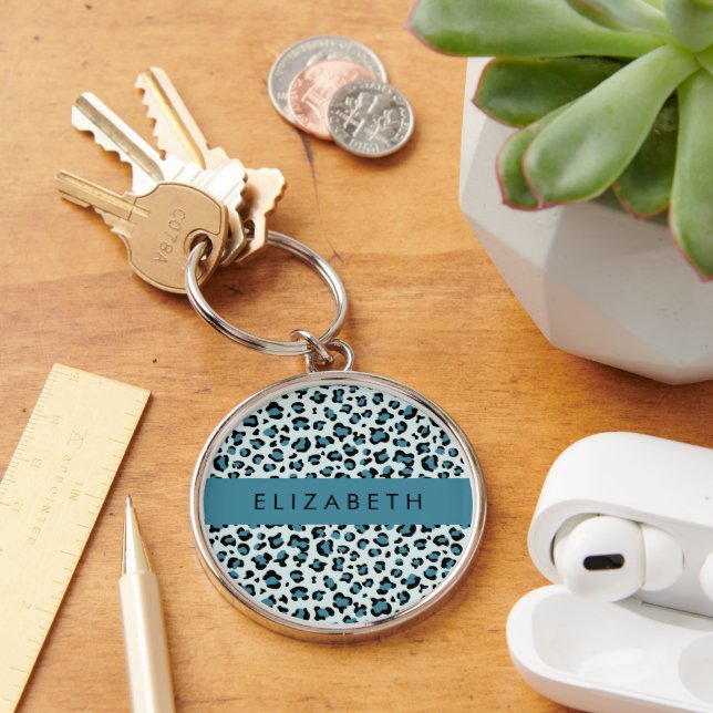 Leopard Print, Spots, Blue Leopard, Your Name Key Ring (Desk)