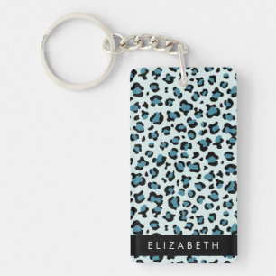 Leopard Print, Spots, Blue Leopard, Your Name Key Ring