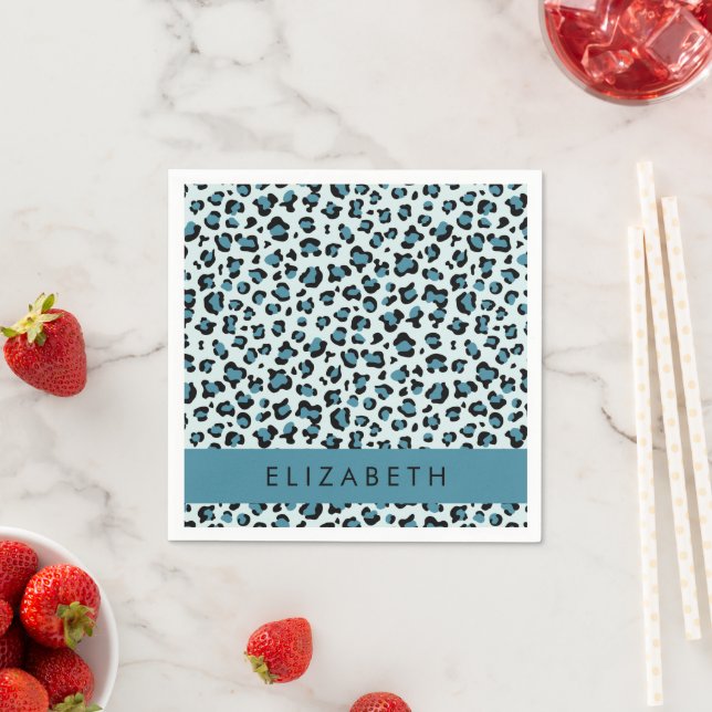 Leopard Print, Spots, Blue Leopard, Your Name Napkin (Insitu)