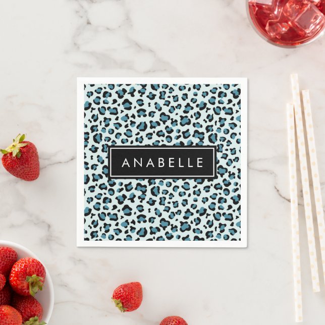 Leopard Print, Spots, Blue Leopard, Your Name Napkin (Insitu)