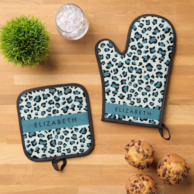Leopard Print, Spots, Blue Leopard, Your Name Oven Mitt & Pot Holder Set (Top Down)