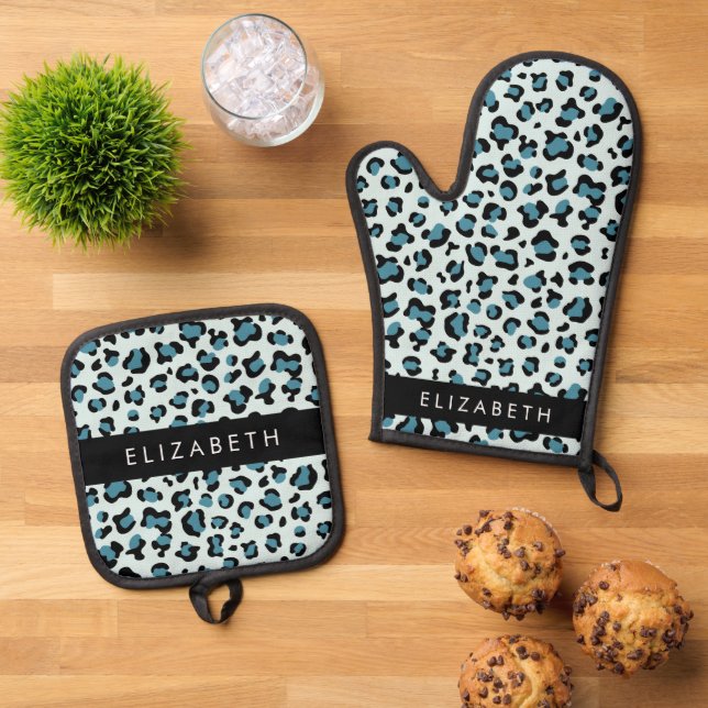 Leopard Print, Spots, Blue Leopard, Your Name Oven Mitt & Pot Holder Set (Top Down)