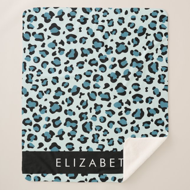 Leopard Print, Spots, Blue Leopard, Your Name Sherpa Blanket (Front)