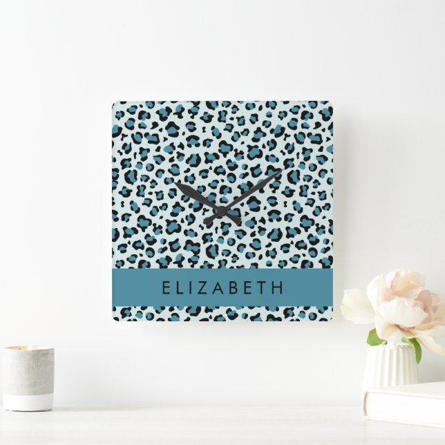 Leopard Print, Spots, Blue Leopard, Your Name Square Wall Clock (Home)