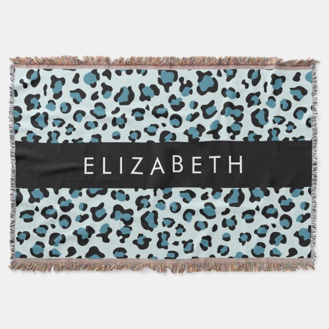 Leopard Print, Spots, Blue Leopard, Your Name Throw Blanket (Front)