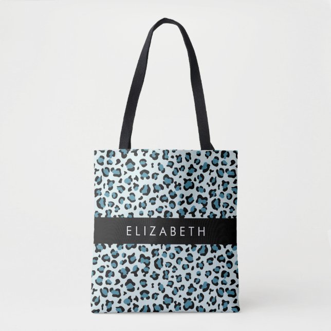 Leopard Print, Spots, Blue Leopard, Your Name Tote Bag (Front)
