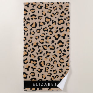 Leopard Print, Spots, Brown Leopard, Your Name Beach Towel