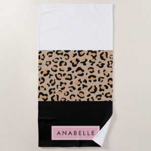 Leopard Print, Spots, Brown Leopard, Your Name Beach Towel