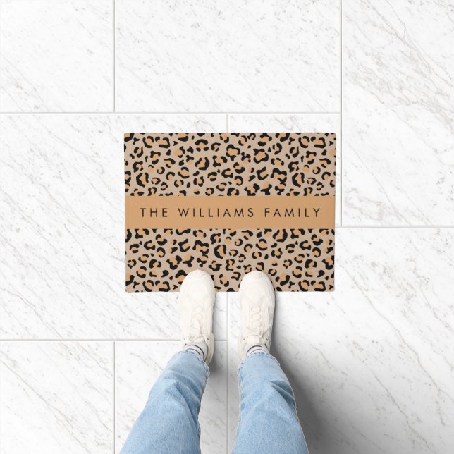 Leopard Print, Spots, Brown Leopard, Your Name Doormat (Indoor)