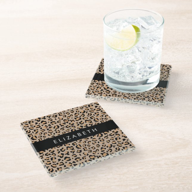 Leopard Print, Spots, Brown Leopard, Your Name Glass Coaster (Angled)