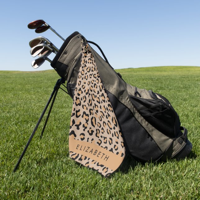 Leopard Print, Spots, Brown Leopard, Your Name Golf Towel (Green)