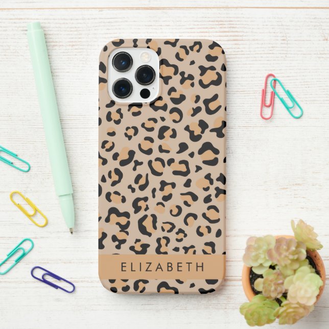 Leopard Print, Spots, Brown Leopard, Your Name iPhone Case (On Desk)