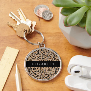 Leopard Print, Spots, Brown Leopard, Your Name Key Ring