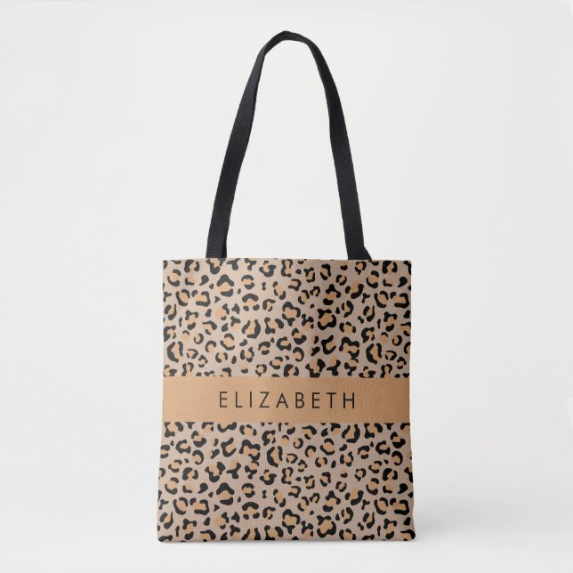 Leopard Print, Spots, Brown Leopard, Your Name Tote Bag (Front)