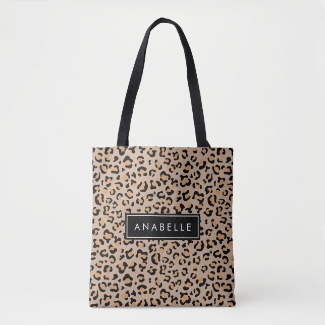 Leopard Print, Spots, Brown Leopard, Your Name Tote Bag (Front)