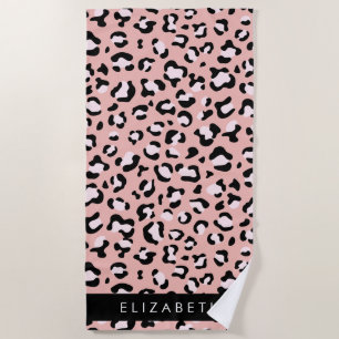 Leopard Print, Spots, Pink Leopard, Your Name Beach Towel