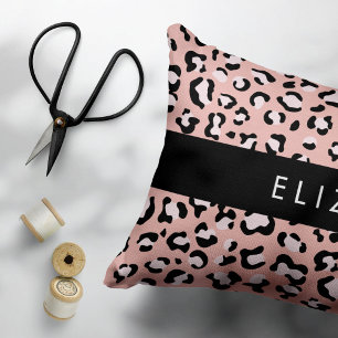 Leopard Print, Spots, Pink Leopard, Your Name Decorative Cushion