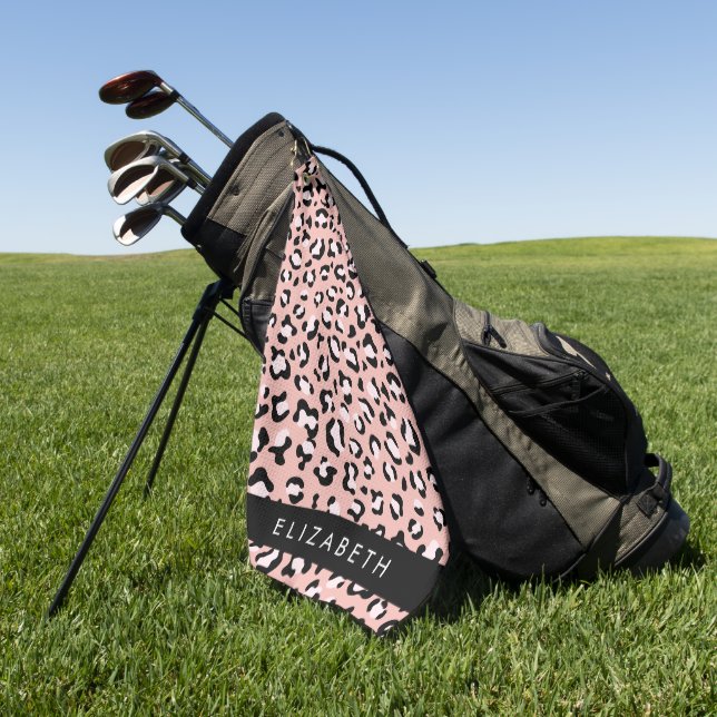 Leopard Print, Spots, Pink Leopard, Your Name Golf Towel (Green)