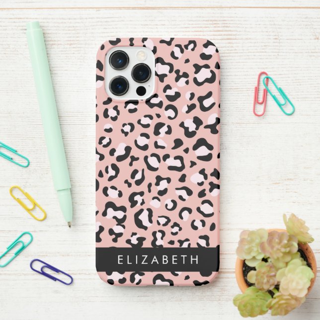 Leopard Print, Spots, Pink Leopard, Your Name iPhone Case (On Desk)