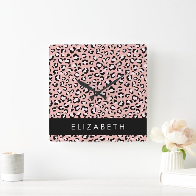 Leopard Print, Spots, Pink Leopard, Your Name Square Wall Clock (Home)