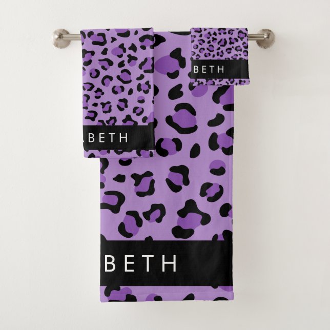 Leopard Print, Spots, Purple Leopard, Your Name Bath Towel Set (Insitu)