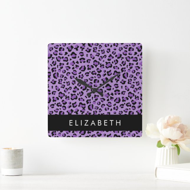 Leopard Print, Spots, Purple Leopard, Your Name Square Wall Clock (Home)