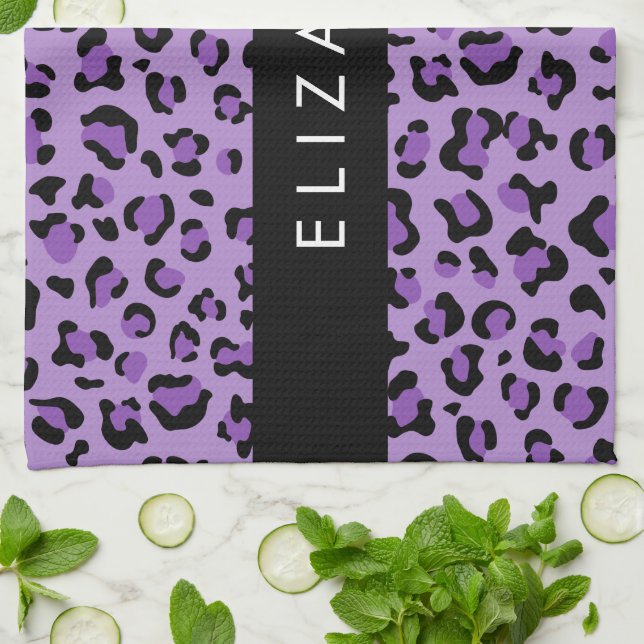 Leopard Print, Spots, Purple Leopard, Your Name Tea Towel (Folded)