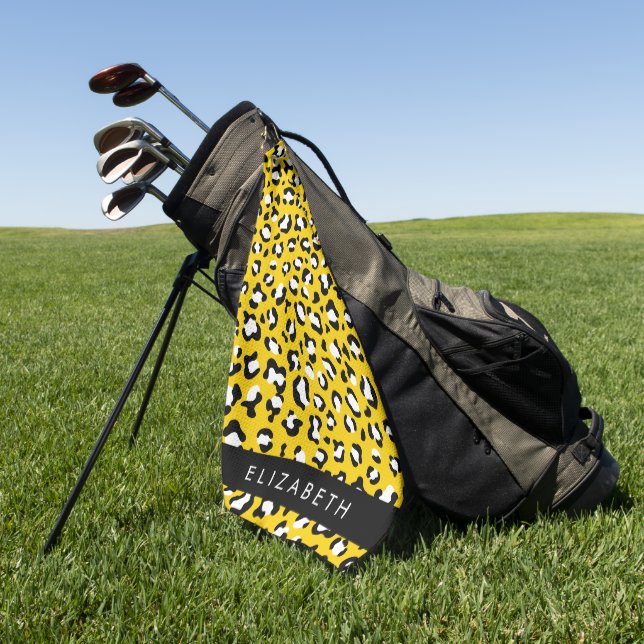 Leopard Print, Spots, Yellow Leopard, Your Name Golf Towel (Green)
