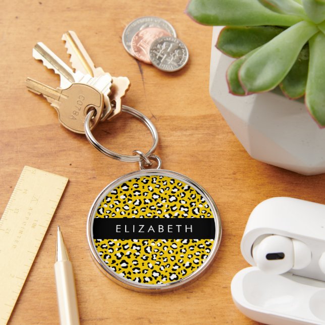 Leopard Print, Spots, Yellow Leopard, Your Name Key Ring (Desk)