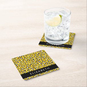 Leopard Print, Spots, Yellow Leopard, Your Name Square Paper Coaster