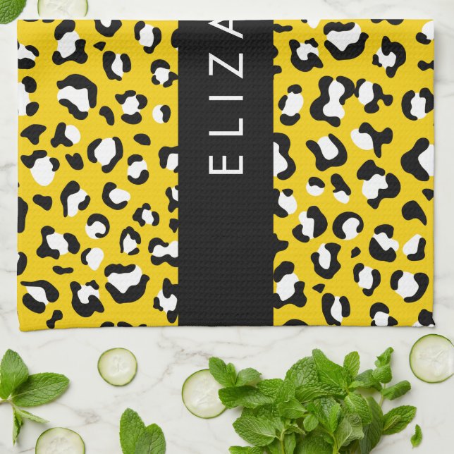 Leopard Print, Spots, Yellow Leopard, Your Name Tea Towel (Folded)