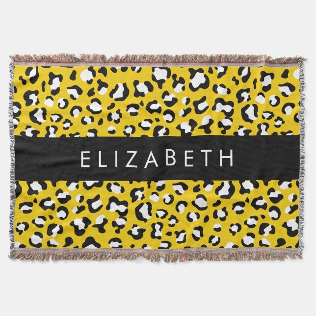 Leopard Print, Spots, Yellow Leopard, Your Name Throw Blanket (Front)