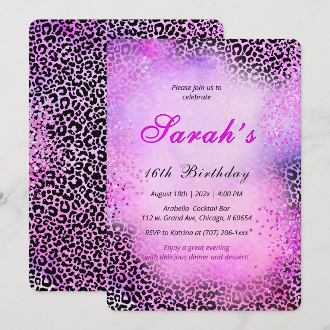 Leopard Print Sweet 16  Pink Glitter Invitation (Front/Back)