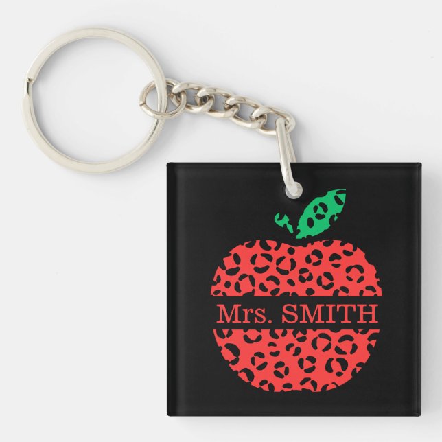 Leopard Print Teacher's Red Apple Key Ring (Front)