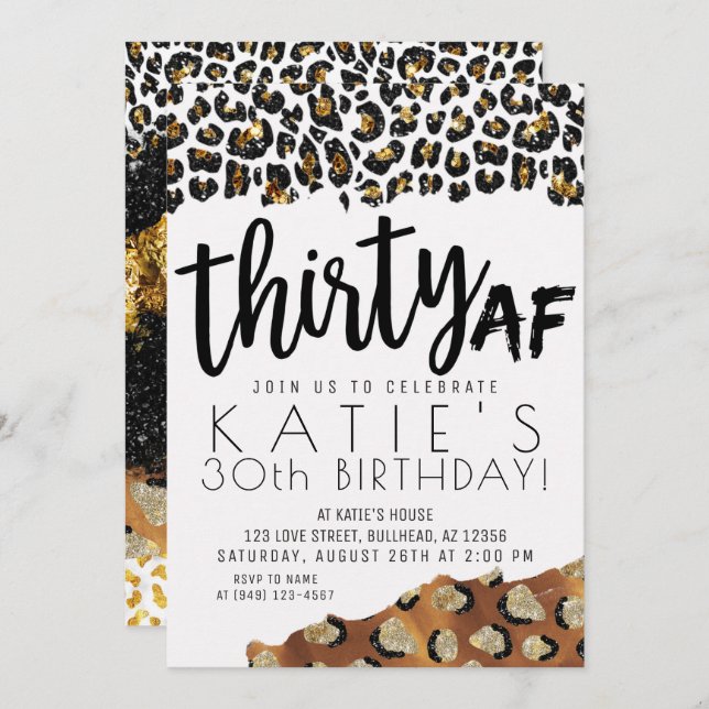 Leopard Print Thirty AF Gold Glitter Birthday Invitation (Front/Back)