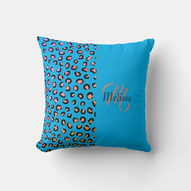 Leopard Print Two Tone Amethyst Blue Name Monogram Cushion (Front)