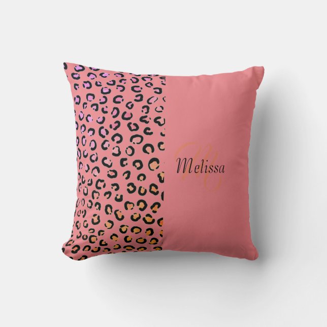 Leopard Print Two Tone Blush Pink Name Monogram  Cushion (Front)