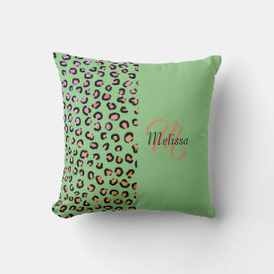 Leopard Print Two Tone Mint Green Name Monogram  Cushion