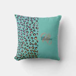Leopard Print Two Tone Teal Turquoise Name Monogra Cushion