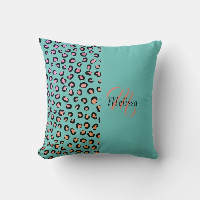 Leopard Print Two Tone Teal Turquoise Name Monogra Cushion (Front)