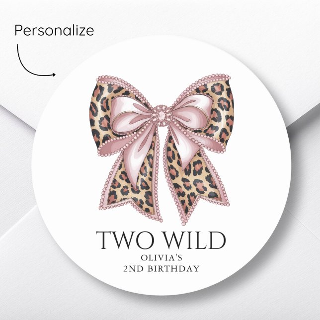 Leopard Print Two Wild Bow 2nd Birthday Classic Round Sticker (Creator Uploaded)
