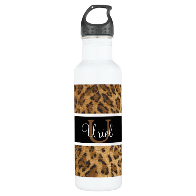 Leopard Print U monogram initials Water Bottle (Front)