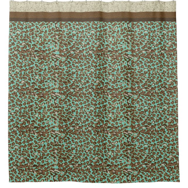 Leopard Print Watercolor Gold Teal Modern Fun Bath Shower Curtain (Front)