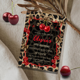 Leopard Print Wild Cherry Glam Birthday Invitation